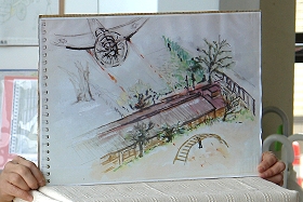 岡村公園で持田万福さんの絵画展